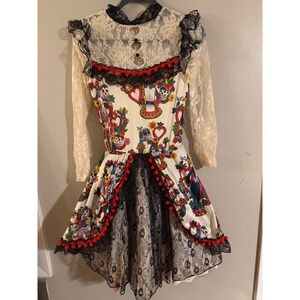 Sugar Skull Day of the Dead Lace Pom Pom Dress Fit &Flare Costume Multi-Color XS